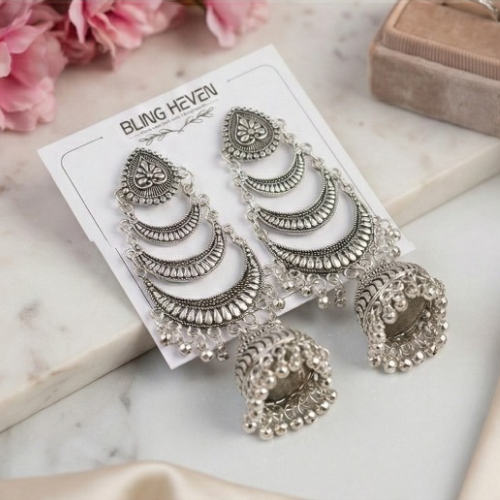 Silver Oxidised Layered Jhumka Earrings