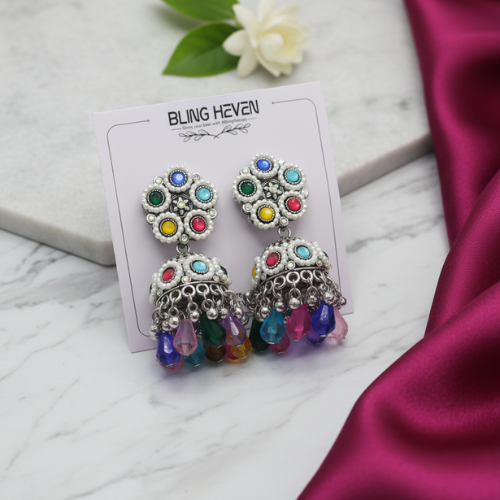 Multicolour Oxidised Stone Jhumka Earrings
