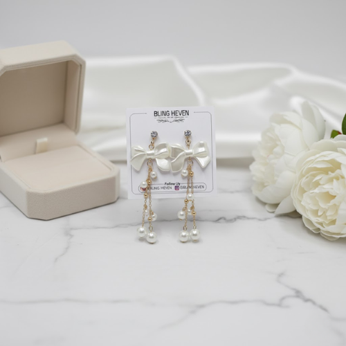 Bow Pearl Chain Drop Earrings