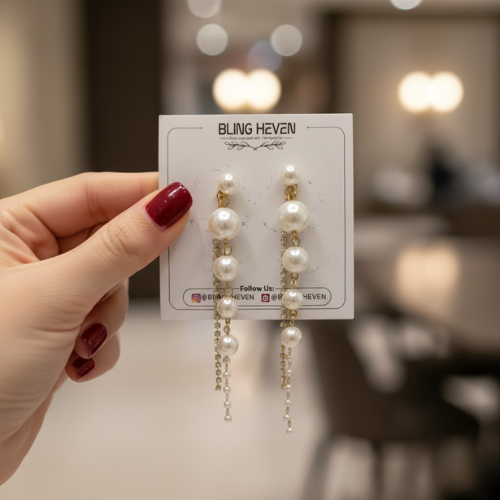 Korean Pearl Chain Drop Earrings - Image 2