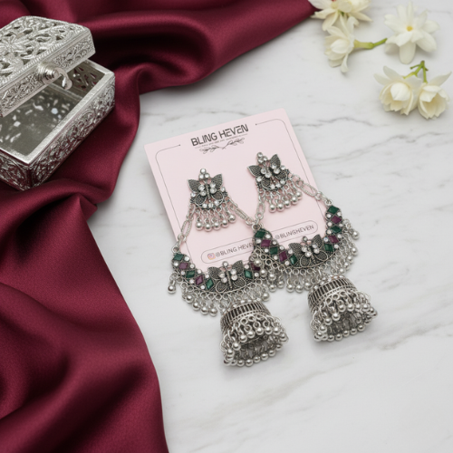 Oxidised Green Stone Layered Jhumka Earrings