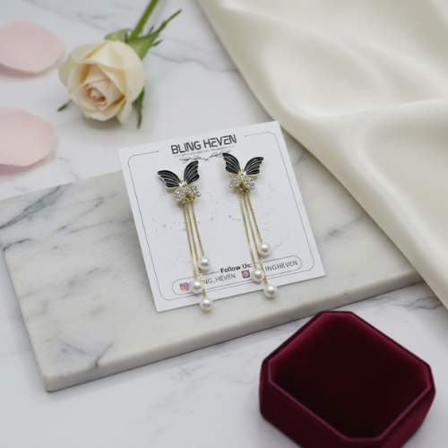 Black Butterfly Pearl Chain Drop Earrings