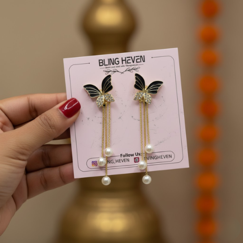 Black Butterfly Pearl Chain Drop Earrings - Image 2