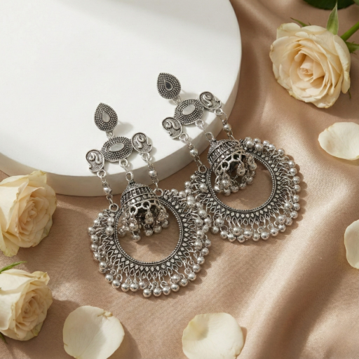 Oxidised Silver Hoop Jhumka Earrings