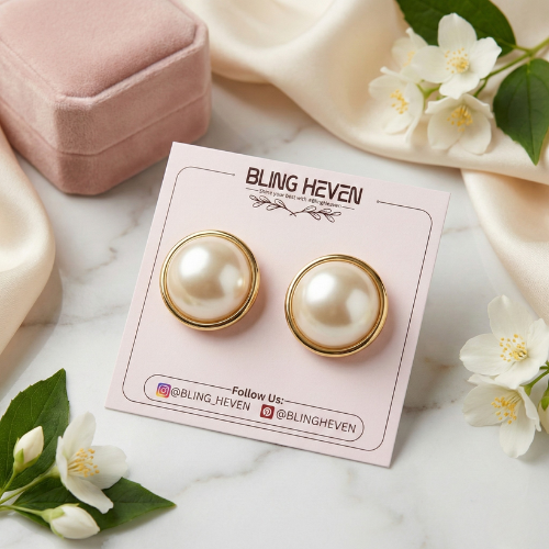 Bling Heven Classic Gold Rim Pearl Stud Earrings