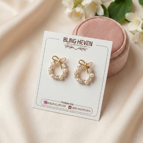 Bling Heven Bow Pearl Circle Stud Earrings