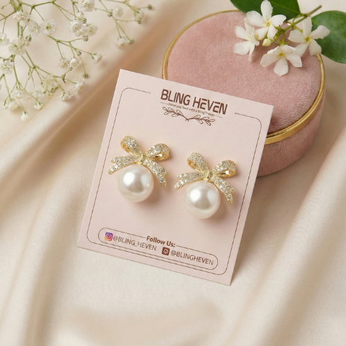 Bling Heven Crystal Bow Pearl Stud Earrings