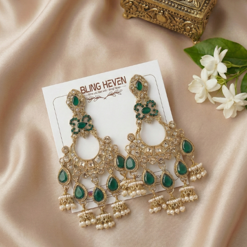 Bling Heven Emerald Green Kundan Chandbali Earrings