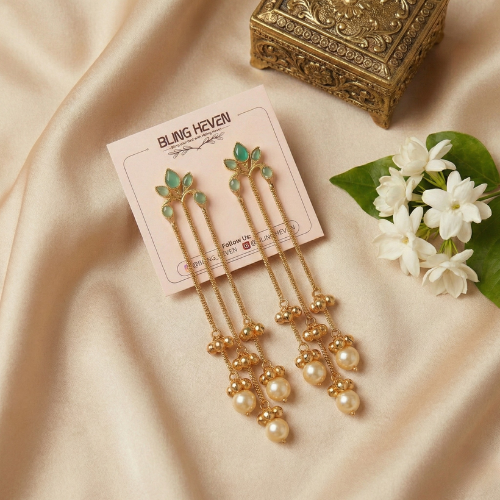 Bling Heven Mint Green Stone Long Pearl Drop Earrings